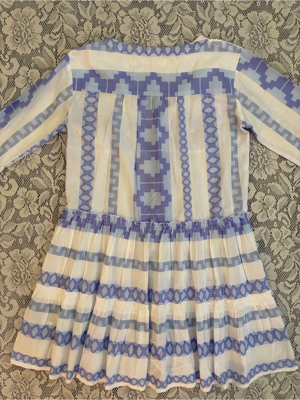 Bindu Cotton Blue & White Geometric Print Tiered Ruffled Bell Sleeves Mini Dress - Picture 4 of 9